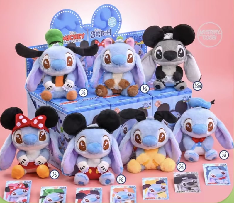 Mickey &amp; Friends Stitch PLUSH KEYCHAIN Cosbi Collection SEALED CASE (Set of 6)