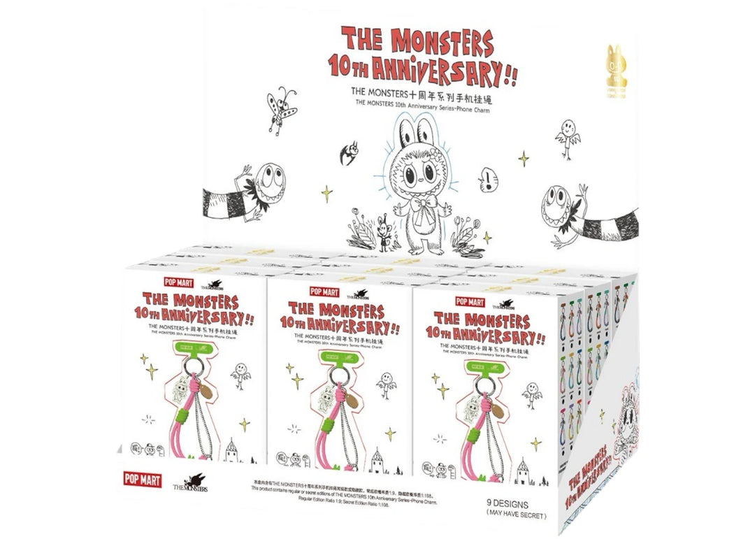 Sealed Case (9 Blind Box) The Monsters Labubu 10th Anniversary Series Phone Charm