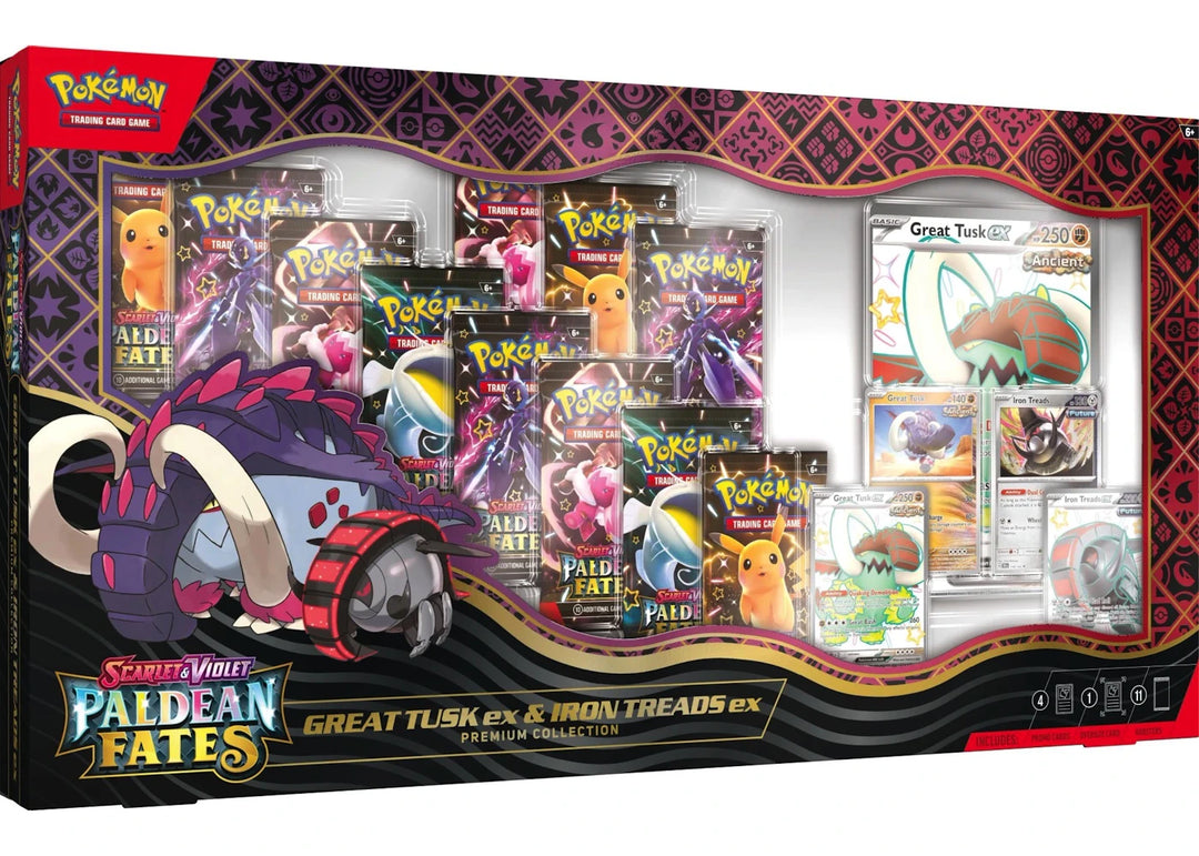 2025 Pokémon Scarlet &amp; Violet Paldean Fates Great Tusk ex &amp; Iron Treads ex Premium Collection Box